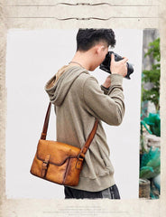 Cool Brown Men Leather Camera Side Bag Tan SLR Camera Leather Cube Messenger bag For Men - iwalletsmen