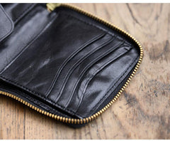 Cool Black Leather Mens billfold Biker Chain Wallet Coffee Bifold Zipper Biker Chain Wallet For Men - iwalletsmen