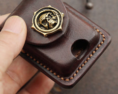 Cool Skull Brown Leather Mens Holster Zippo Lighter Cases Standard Zippo Lighter Holder Belt Clip For Men - iwalletsmen
