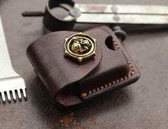 Cool Skull Brown Leather Mens Holster Zippo Lighter Cases Standard Zippo Lighter Holder Belt Clip For Men - iwalletsmen