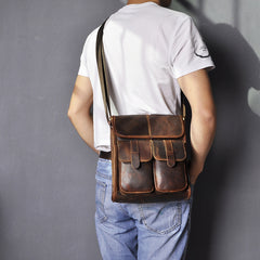 Cool Brown Leather Vertical Messenger Bag Men's Brown Side Bag Shoulder Bag Courier Bag For Men - iwalletsmen