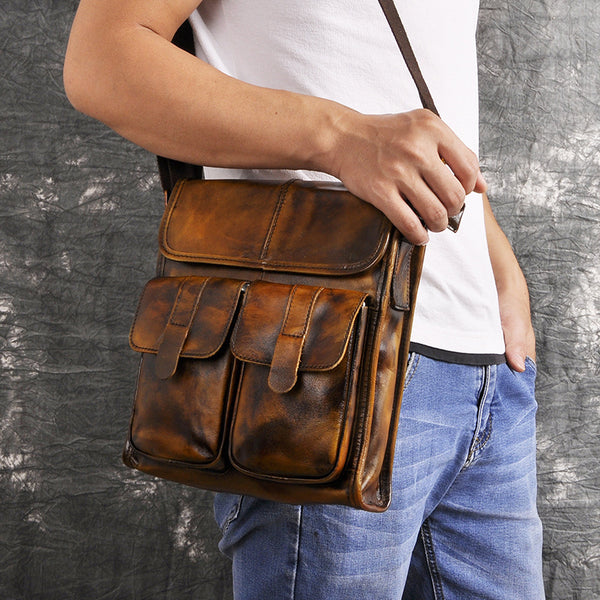 Cool Brown Leather Vertical Messenger Bag Men's Brown Side Bag Shoulder Bag Courier Bag For Men - iwalletsmen