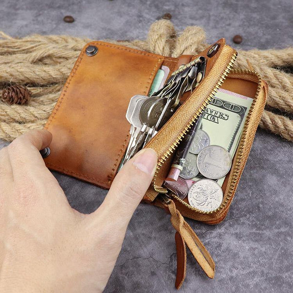 Brown Leather Key Case Key Wallet Men's Dark Coffee Key Holder Red Card Holder For Men - iwalletsmen