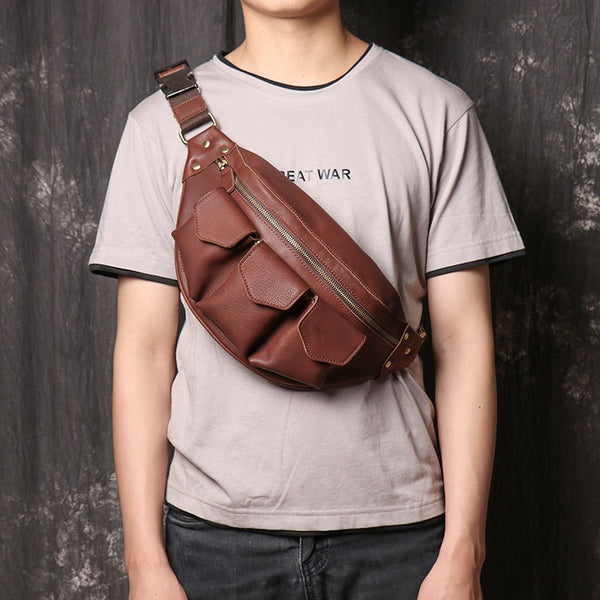 Cool Large Leather Fanny Pack Belt Bag Mens Hip Pack Coffee Waist Bag Sling Bags For Men