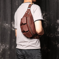 Cool Large Leather Fanny Pack Belt Bag Mens Hip Pack Coffee Waist Bag Sling Bags For Men