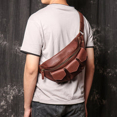 Cool Large Leather Fanny Pack Belt Bag Mens Hip Pack Coffee Waist Bag Sling Bags For Men