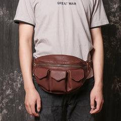 Cool Large Leather Fanny Pack Belt Bag Mens Hip Pack Coffee Waist Bag Sling Bags For Men