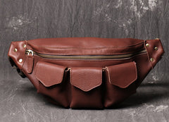 Cool Large Leather Fanny Pack Belt Bag Mens Hip Pack Coffee Waist Bag Sling Bags For Men
