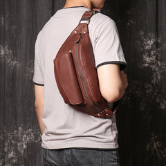 Cool Leather Fanny Pack Belt Bag Mens Hip Pack Coffee Waist Bag Sling Bags For Men