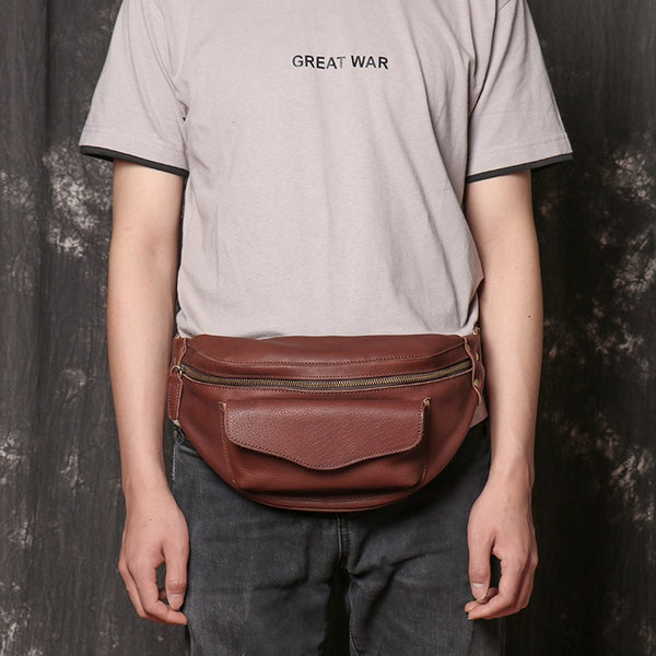 Cool Leather Fanny Pack Belt Bag Mens Hip Pack Coffee Waist Bag Sling Bags For Men