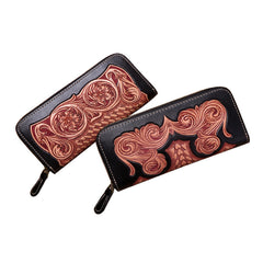 Handmade Leather Floral Tooled Zipper Around Long Wallet Cool Clutch Zipper Wallet for Men