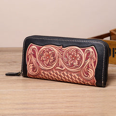 Handmade Leather Floral Tooled Zipper Around Long Wallet Cool Clutch Zipper Wallet for Men