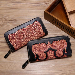 Handmade Leather Floral Tooled Zipper Around Long Wallet Cool Clutch Zipper Wallet for Men