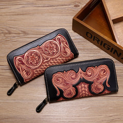 Cool Leather Floral Tooled Zipper Around Long Wallet Handmade Clutch Zipper Wallet for Men