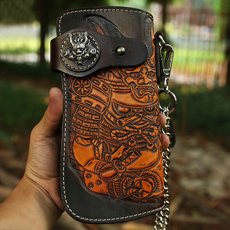 Cool Leather Japanese Samurai Tooled Biker Wallet Handmade Chain Wallet for Men