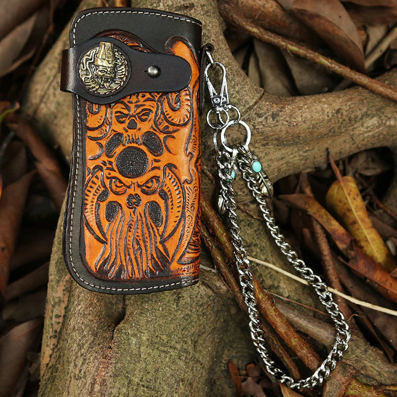 Cool Leather Devil Cthulhu Tooled Biker Wallet Handmade Chain