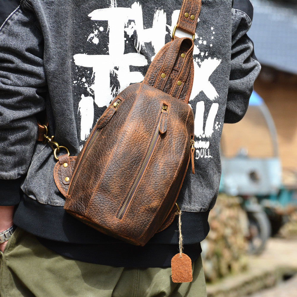 Vintage Mens Sling Bag in Leather, Brown