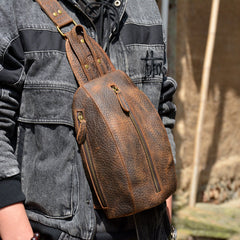 Leather Men's Sling Bag Cool Chest Bag Vintage One shoulder Backpack Sports Bag For Men