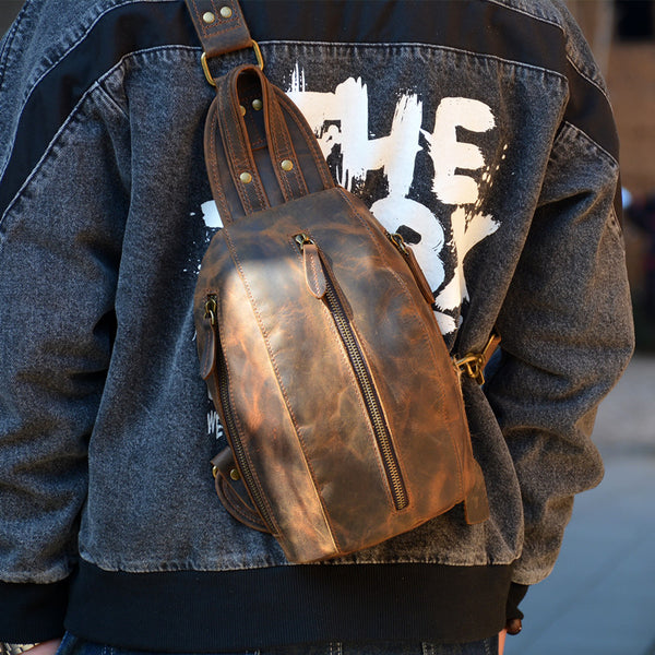 Cool Leather Men's Sling Bag Chest Bag Vintage One shoulder Backpack Sports Bag For Men