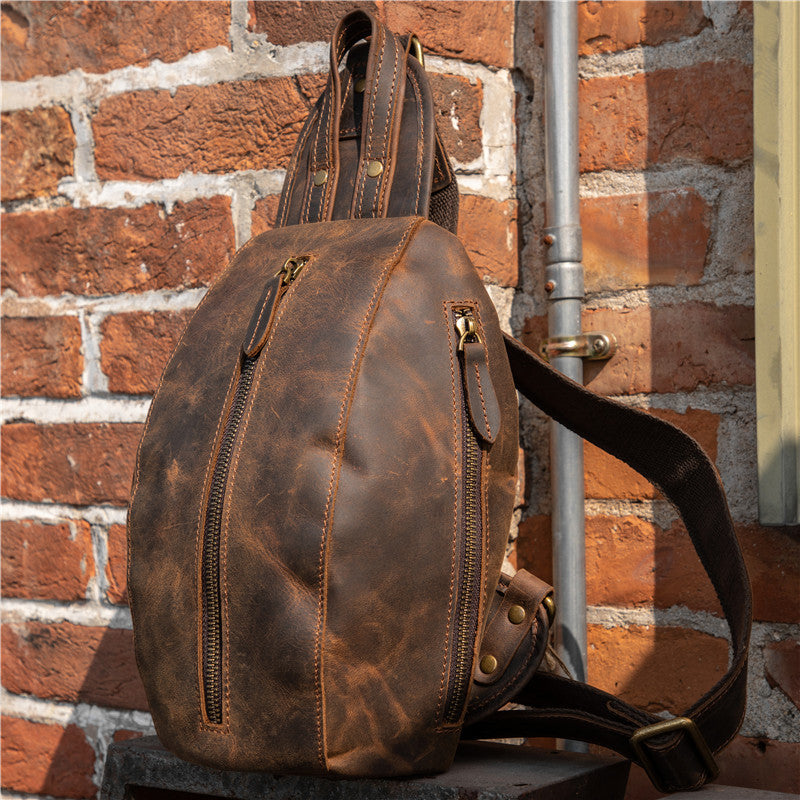 classic sling leather backpack Leather Men's Sling Bag Cool Chest Bag Vintage One shoulder Backpack S – iwalletsmen