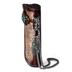 Cool Coffee Leather Tooled Dragon&Skull Biker Wallet Handmade Biker Chain Wallet for Men