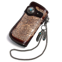 Cool Brown Leather Tooled Dragon&Skull Biker Wallet Handmade Biker Chain Wallet for Men