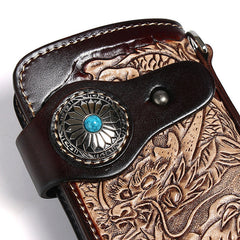 Cool Brown Leather Tooled Dragon&Skull Biker Wallet Handmade Biker Chain Wallet for Men