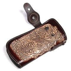 Cool Brown Leather Tooled Dragon&Skull Biker Wallet Handmade Biker Chain Wallet for Men