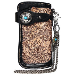 Cool Brown Leather Tooled Dragon&Skull Biker Wallet Handmade Biker Chain Wallet for Men