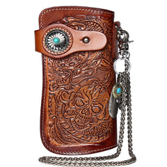 Cool Coffee Leather Tooled Dragon&Skull Biker Wallet Handmade Biker Chain Wallet for Men