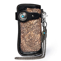 Cool Brown Leather Tooled Dragon&Skull Biker Wallet Handmade Biker Chain Wallet for Men