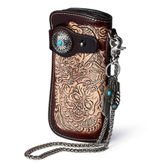 Cool Coffee Leather Tooled Dragon&Skull Biker Wallet Handmade Biker Chain Wallet for Men