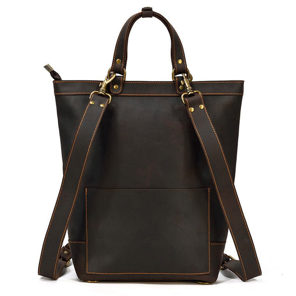 Cool Men's Leather Backpack Coffee Leather Tote Bag Convertible Backpacks Tote Handbag For Men