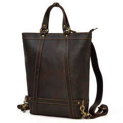 Cool Men's Leather Backpack Coffee Leather Tote Bag Convertible Backpacks Tote Handbag For Men