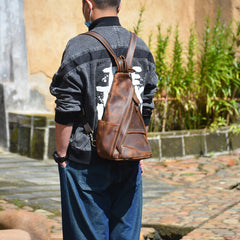 Cool Men's Sling Bag Leather Sling Backpack Convertible Backpacks Sling Crossbody Pack For Men
