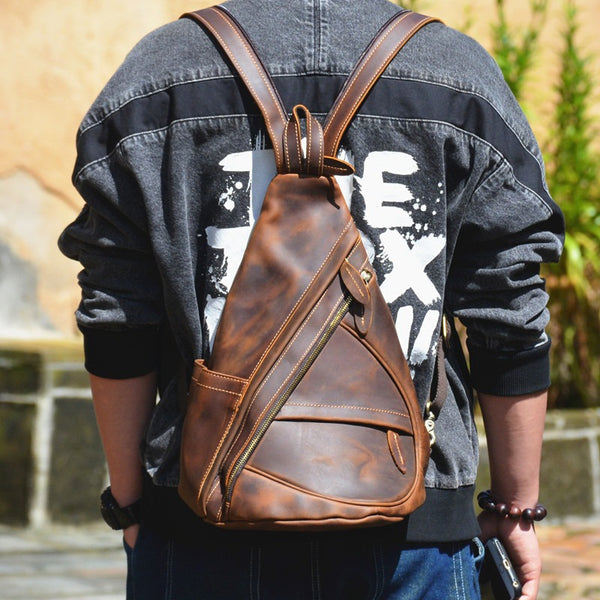 Cool Men's Sling Bag Leather Sling Backpack Convertible Backpacks Sling Crossbody Pack For Men