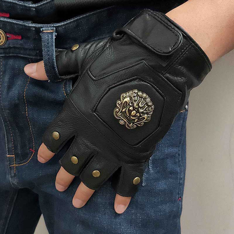 Cool Mens Black Dragon Head Leather Half-Finger Rock Gloves Black Motorcycle Gloves Biker Gloves For Men - iwalletsmen