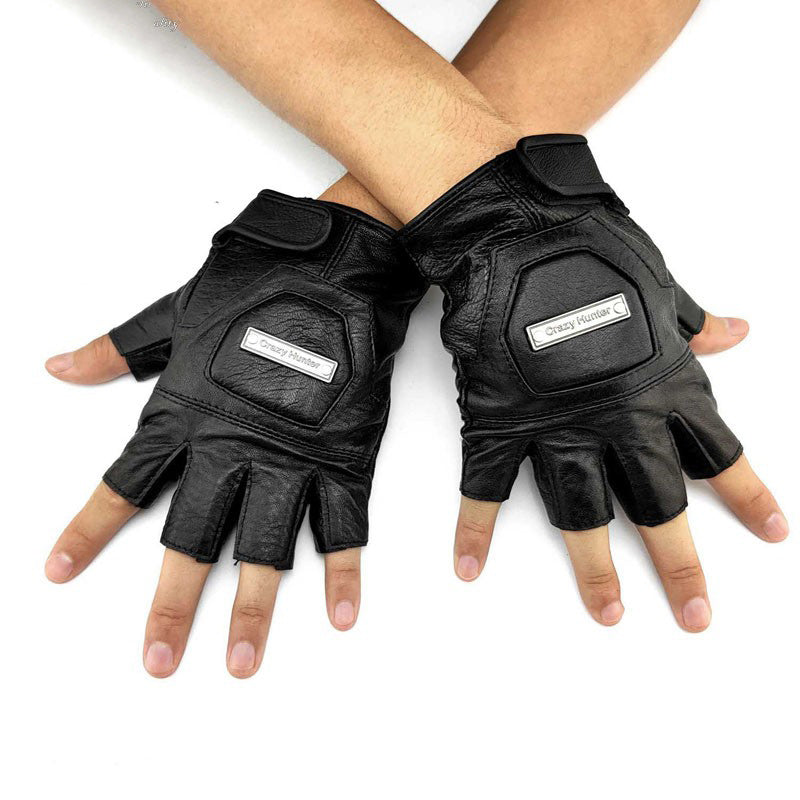 Mens Black Leather Half-Finger Sports Gloves Rock Gloves Cool Black Motorcycle Gloves Biker Gloves For Men - iwalletsmen