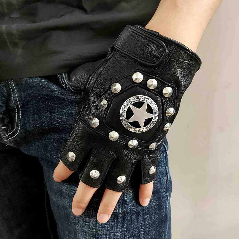 Cool Mens Black Star Leather Half-Finger Rock Gloves Motorcycle Gloves Black Biker Gloves For Men - iwalletsmen