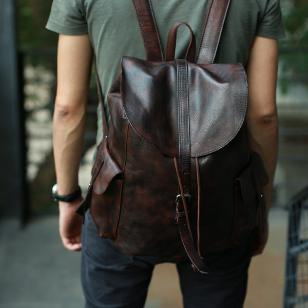 Cool Black Coffee Mens Leather Backpack Travel Backpack School Backpacks for men - iwalletsmen