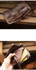 zip-around wallet​ Cool Dark Brown Leather Mens billfold Wallet Bifold SMall Wallet Black Front Pocket Wallet For Men - iwalletsmen