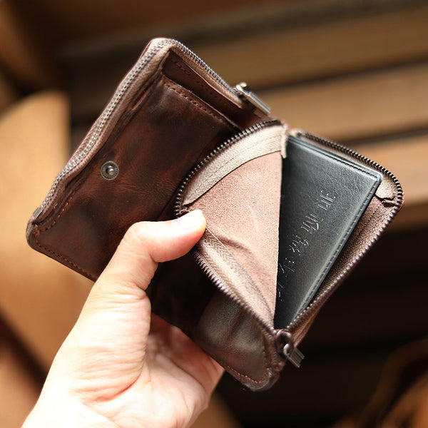 Cool Dark Brown Leather Mens billfold double zip around wallet​ Wallet Bifold SMall Wallet Black Front Pocket Wallet For Men - iwalletsmen