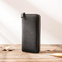 Cool Black Leather Mens Zipper Clutch Wallet Long Wallet Black Cell Phone Long Wallet for Men - iwalletsmen