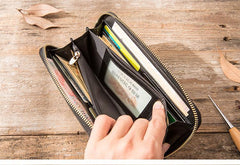 Cool Black Leather Mens Zipper Clutch Wallet Long Wallet Black Cell Phone Long Wallet for Men - iwalletsmen