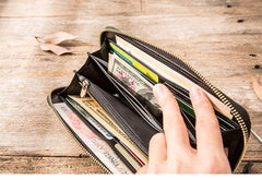 Cool Black Leather Mens Zipper Clutch Wallet Long Wallet Black Cell Phone Long Wallet for Men - iwalletsmen