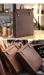 Cool Black Leather Mens Travel Backpack Work Handbag 14 inches Work Backpack For Men - iwalletsmen