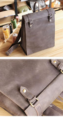 Cool Black Leather Mens Travel Backpack Work Handbag 14 inches Work Backpack For Men - iwalletsmen