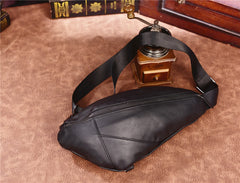 Cool Black Mens Leather One Shoulder Backpack Chest Bag Sling Bag Sling Crossbody Bag For Men - iwalletsmen