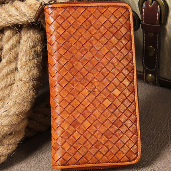 Cool Braided Leather Mens Clutch Brown Vintage Zipper Wallet for Men
