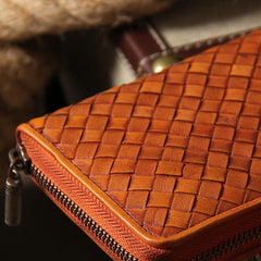 Cool Braided Leather Mens Clutch Brown Vintage Zipper Wallet for Men